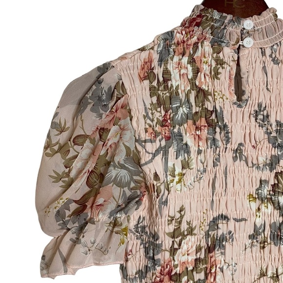 Hello Molly Floral Print Smocked High Neck Bodycon Pink Midi Dress 4 Small - Picture 10 of 15